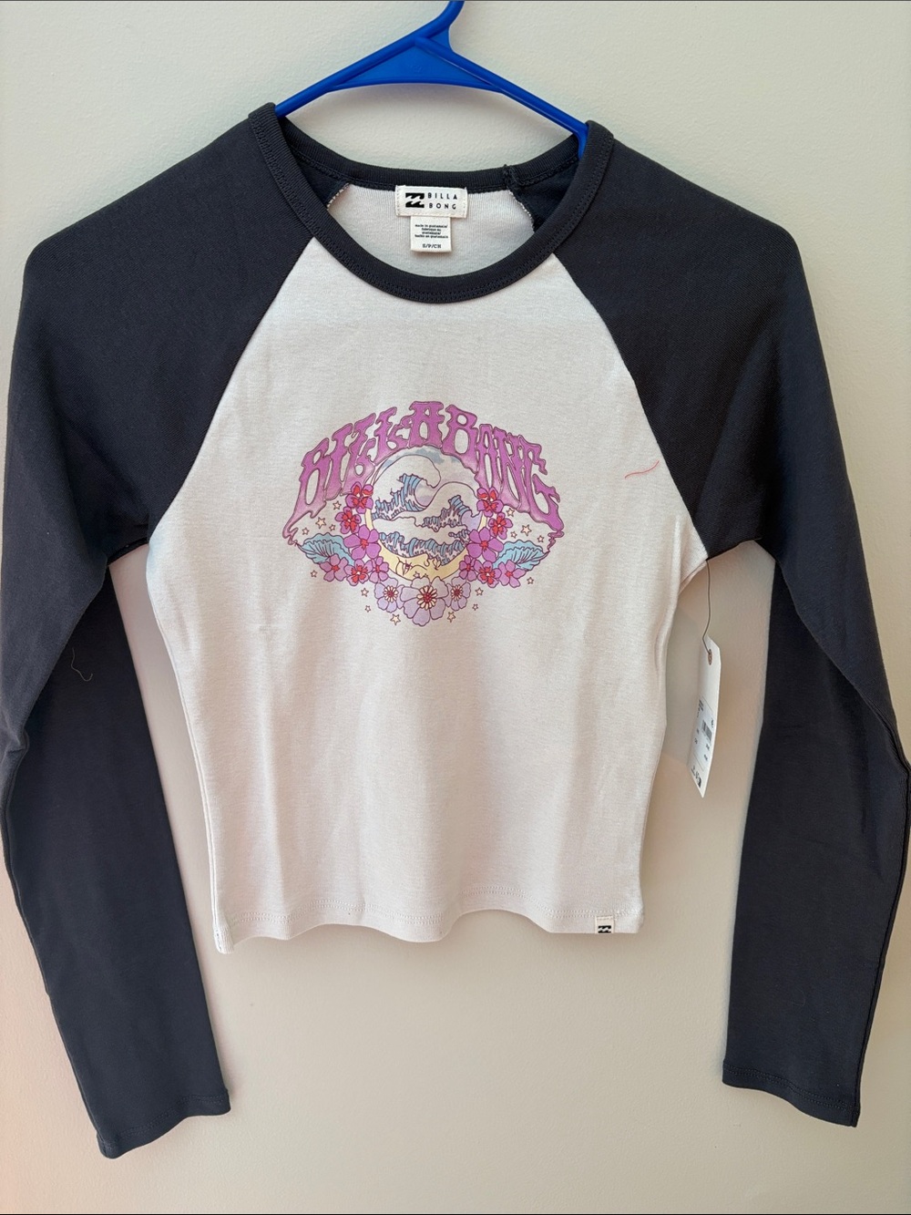 Billabong Black & White Raglan Long-Sleeve Tee with Pink Graphic